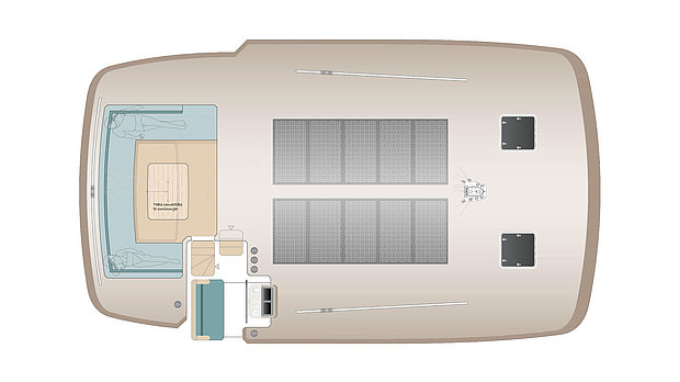 Beispiel für ein Design des Sundecks und der Solarpaneele auf dem Dach des Catmar Range Explorer 58 Segelkatamarans