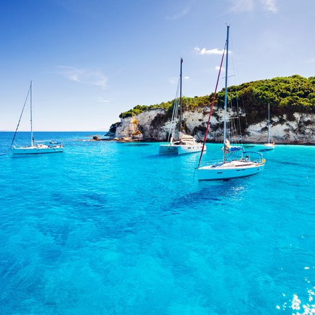 Sailing yachts at anchor in Greece